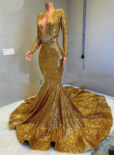 Sparkle Sequined Long Sleeves Mermaid Gold Prom Dresses with Long Train